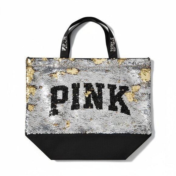 Victoria's Secret PINK  Black Silver Gold Sequin Large Tote  15 x 11” - Picture 1 of 4